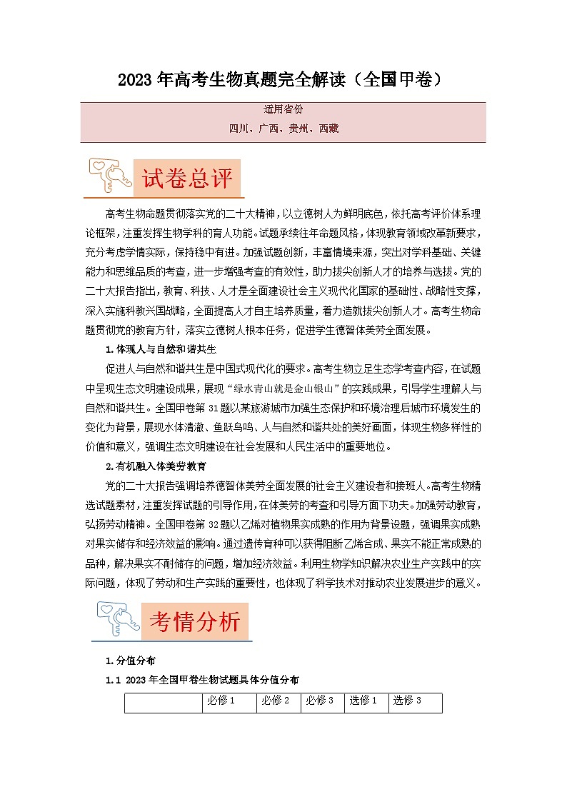 2023年高考生物真题完全解读（全国甲卷）第1页