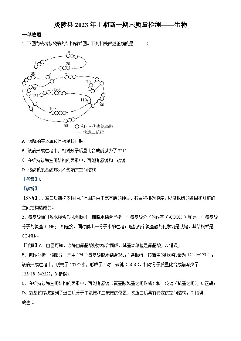 2023株洲炎陵县高一下学期6月期末生物试题含解析01