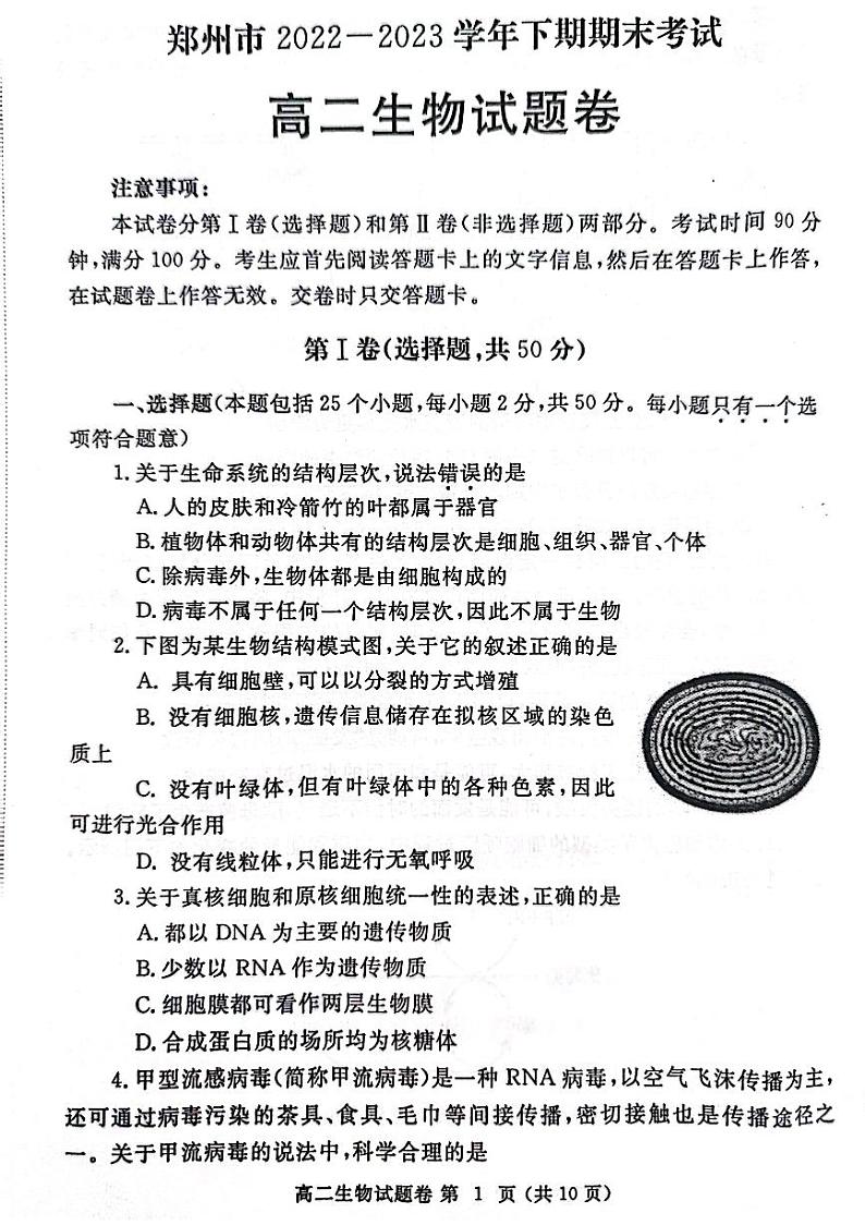 河南省郑州市2022-2023学年高二下期期末考试生物试题01
