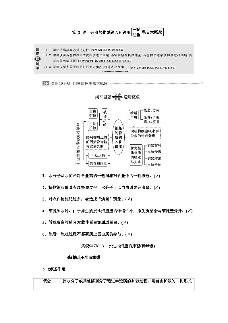 2024届人教版高考生物一轮复习细胞的物质输入和输出学案01