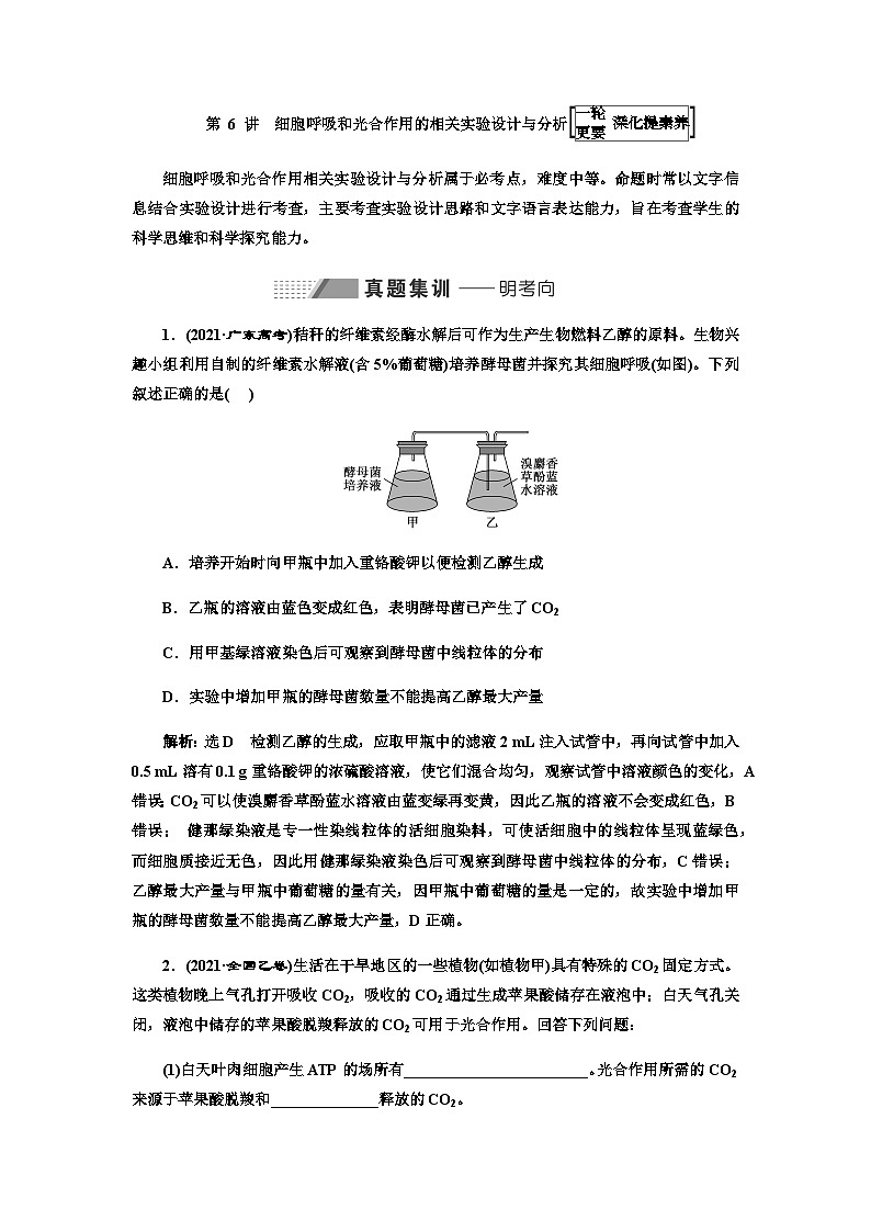 2024届人教版高考生物一轮复习细胞呼吸和光合作用的相关实验设计与分析学案第1页