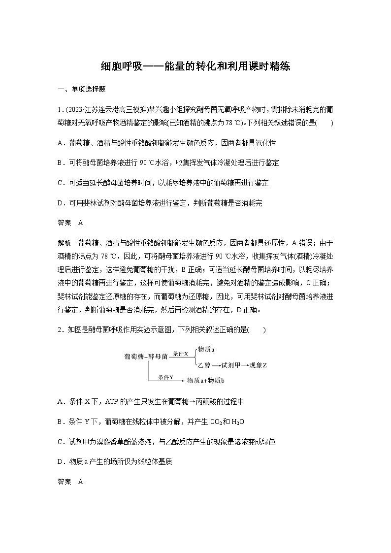 2024届苏教版高考生物一轮复习细胞呼吸——能量的转化和利用作业含答案第1页