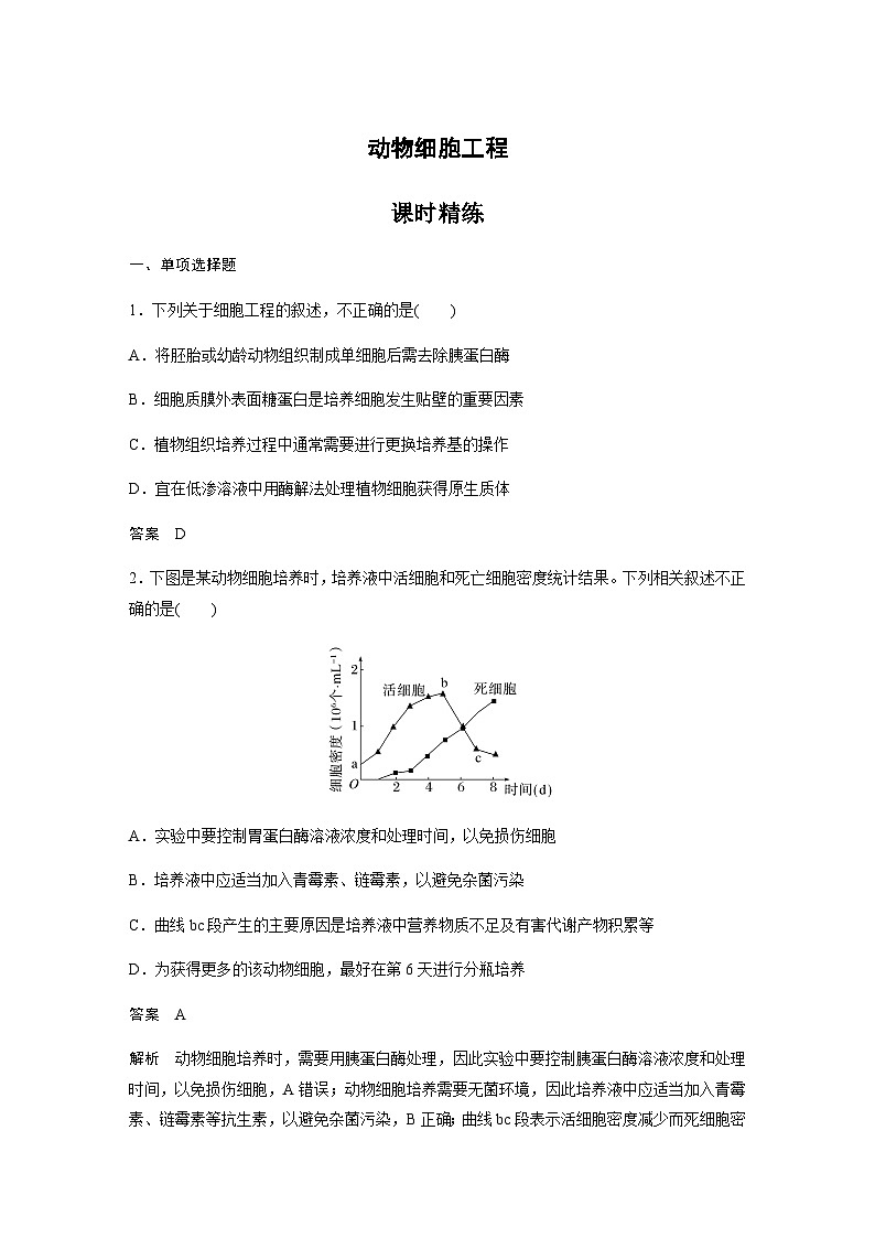 2024届苏教版高考生物一轮复习动物细胞工程作业含答案第1页