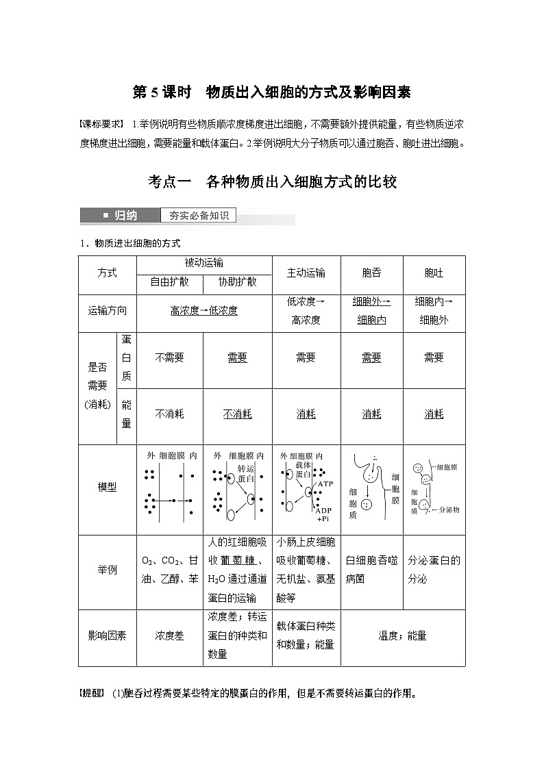 2024年高考生物一轮复习（新人教版） 第2单元　第5课时　物质出入细胞的方式及影响因素 练习课件01