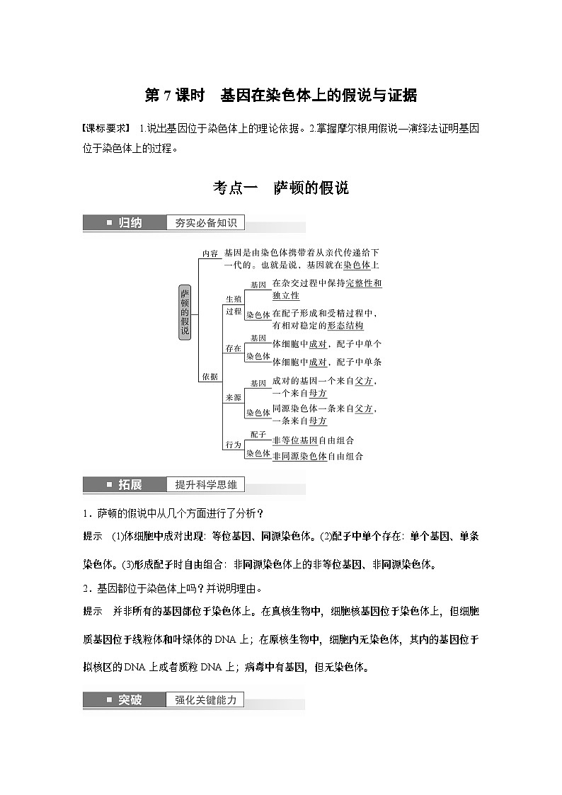 2024年高考生物一轮复习（新人教版） 第5单元　第7课时　基因在染色体上的假说与证据第1页