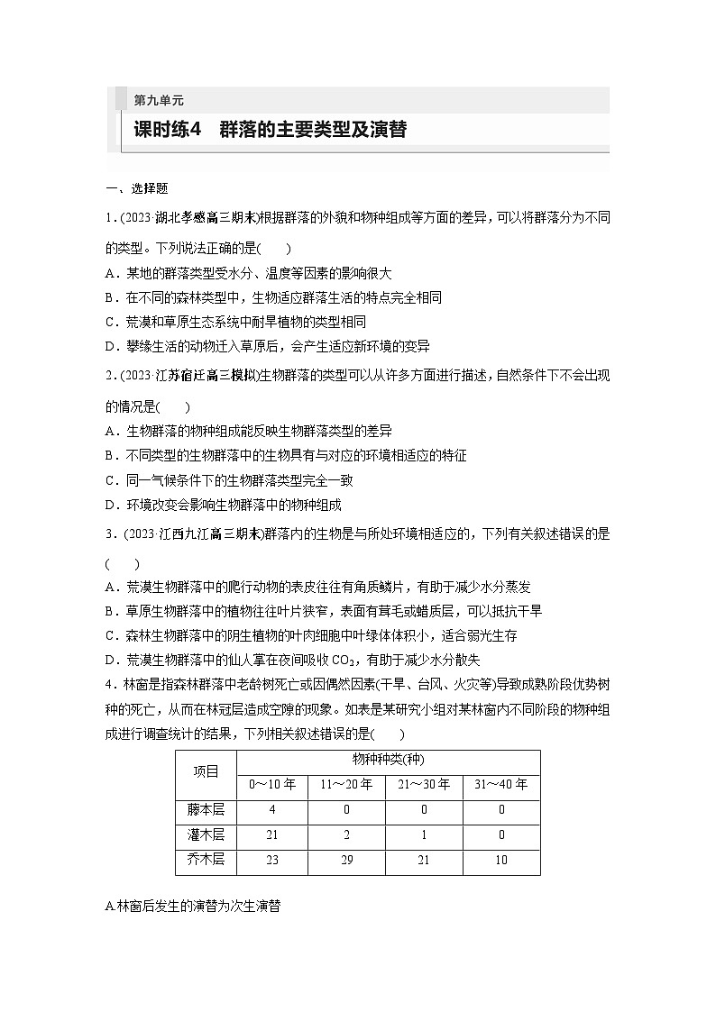 2024年高考生物一轮复习（新人教版） 第9单元　第4课时　群落的主要类型及演替 练习课件01