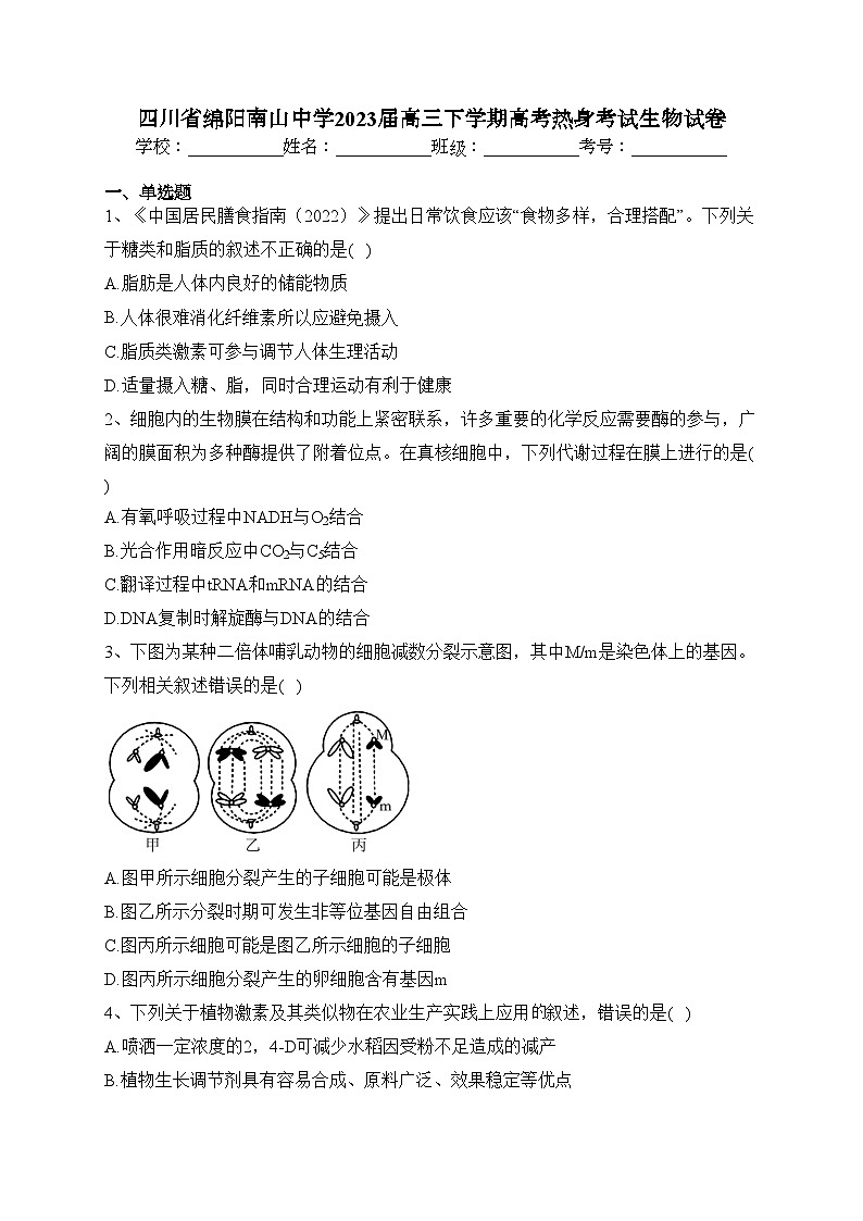 四川省绵阳南山中学2023届高三下学期高考热身考试生物试卷（含答案）01