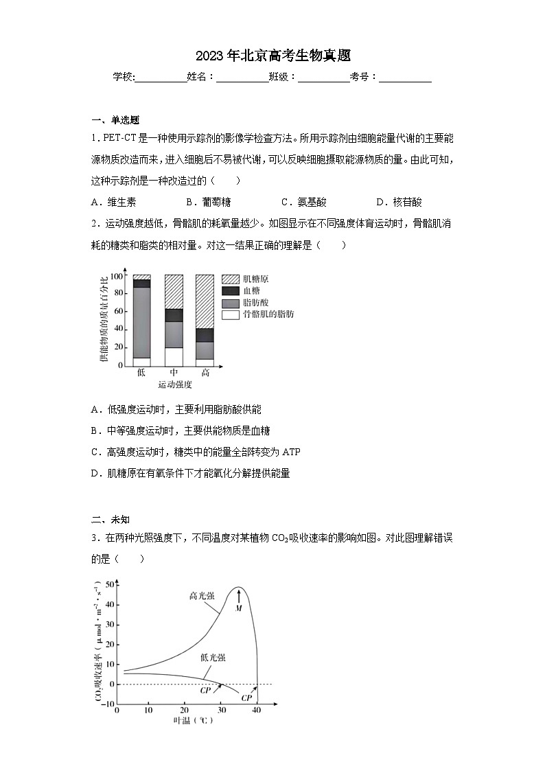 2023年北京高考生物真题（无答案）第1页