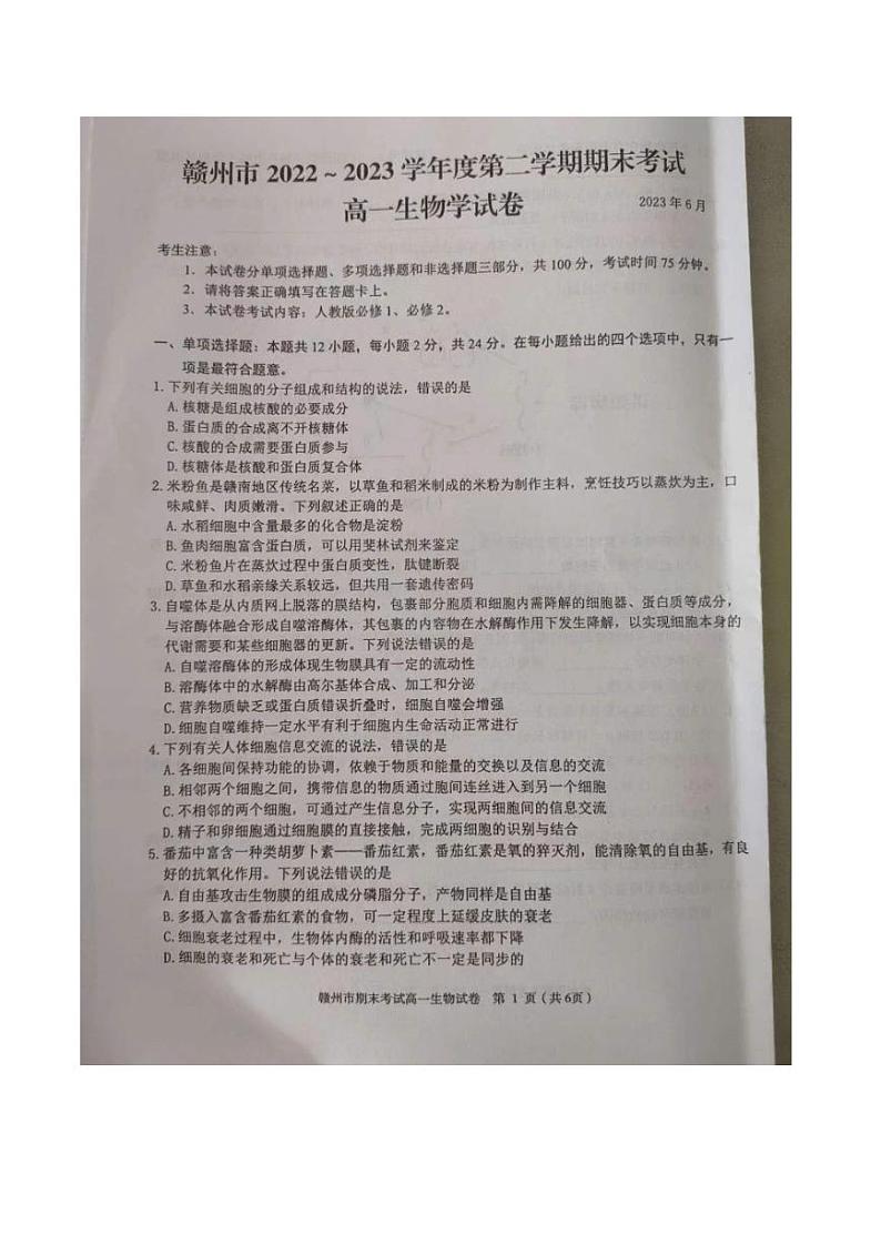 江西省赣州市2022-2023高一下学期期末生物试卷+答案01