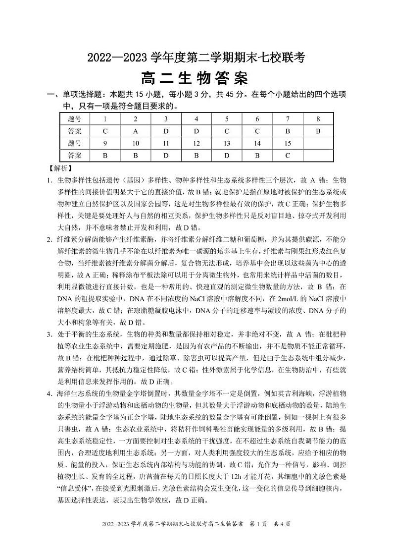 重庆市江津中学等七校2022-2023学年高二下学期期末联考生物试题01
