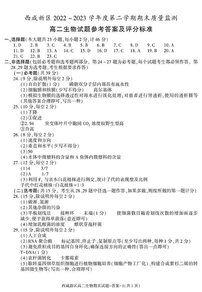 陕西省西咸新区2022∽2023学年高二下学期期末质量检测 生物试题及答案01