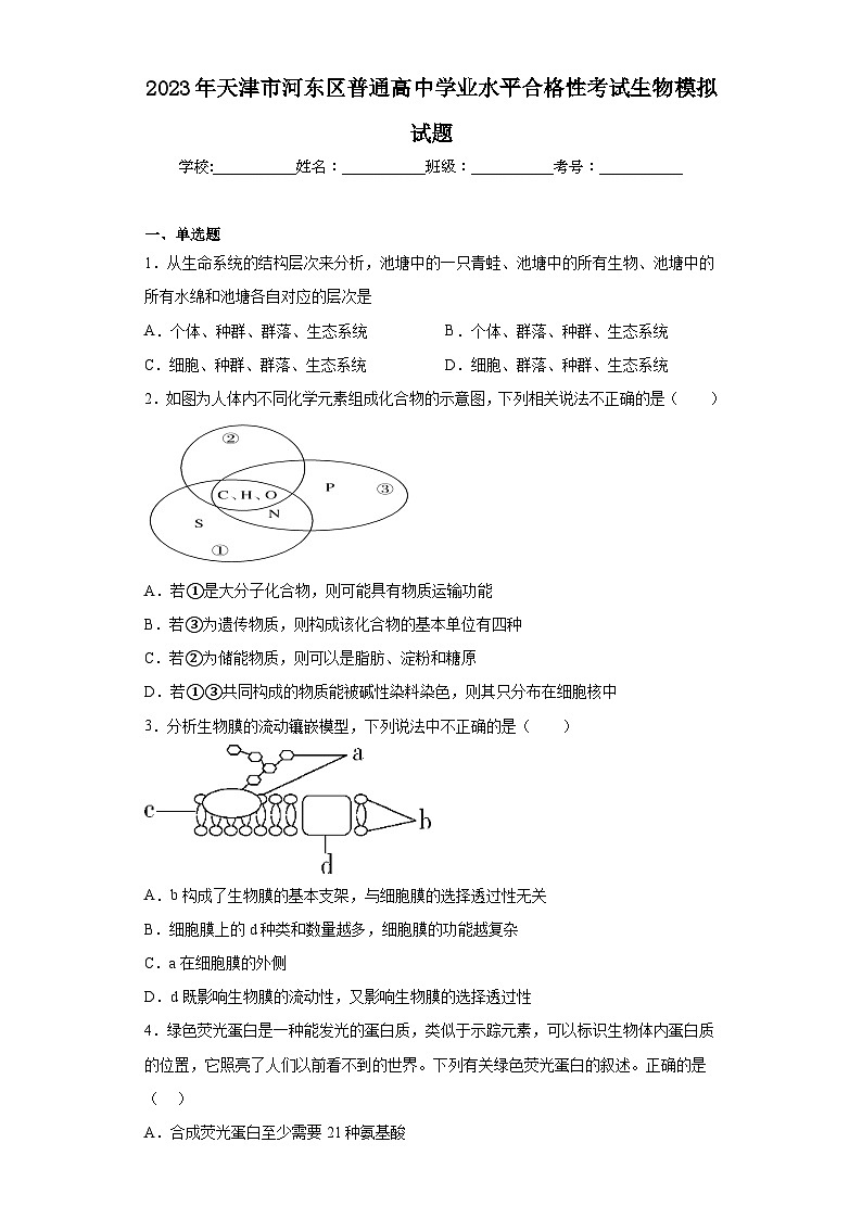 2023年天津市河东区普通高中学业水平合格性考试生物模拟试题（含解析）01