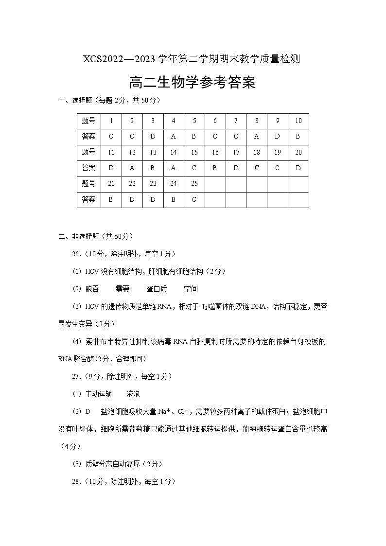 高二生物学参考答案第1页