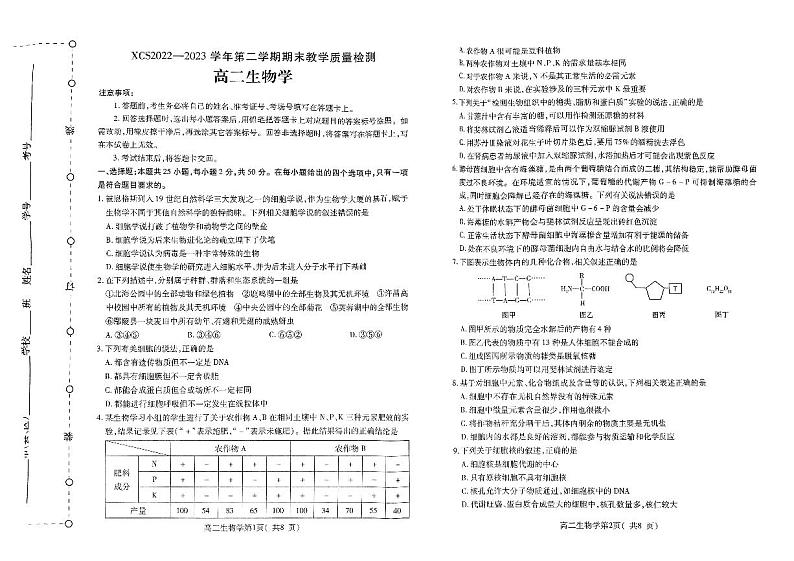 河南省许昌市2022-2023学年高二下学期期末考试生物试题第1页
