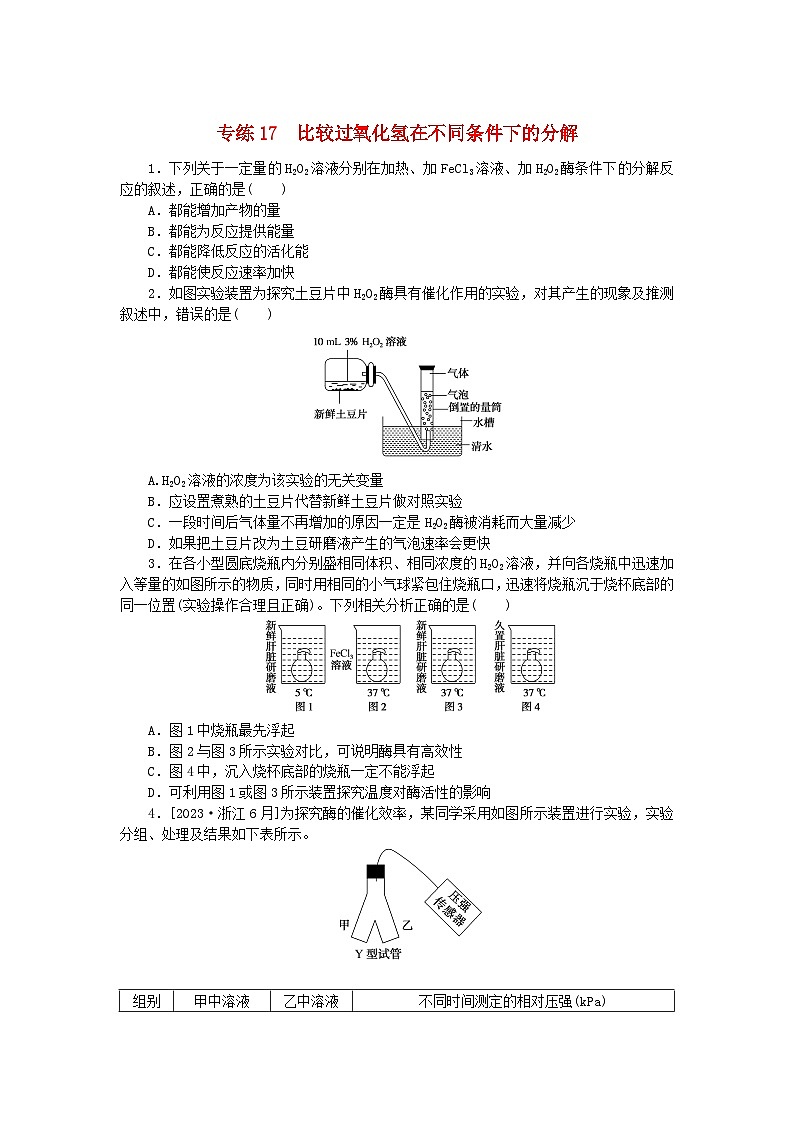 新高考2024版高考生物一轮复习微专题小练习专练17比较过氧化氢在不同条件下的分解第1页