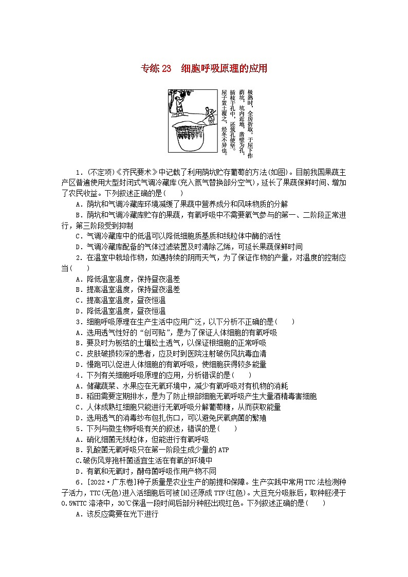 新高考2024版高考生物一轮复习微专题小练习专练23细胞呼吸原理的应用第1页