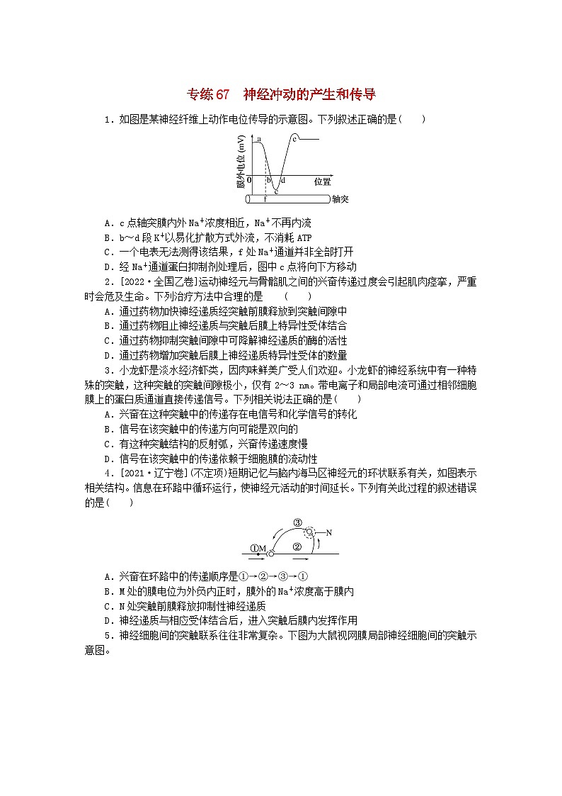 新高考2024版高考生物一轮复习微专题小练习专练67神经冲动的产生和传导01