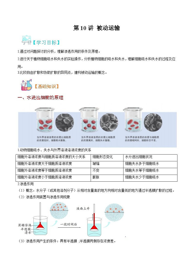 【暑假初升高】人教版生物初三（升高一）暑假预习-（必修1）第10讲 被动运输  讲学案01