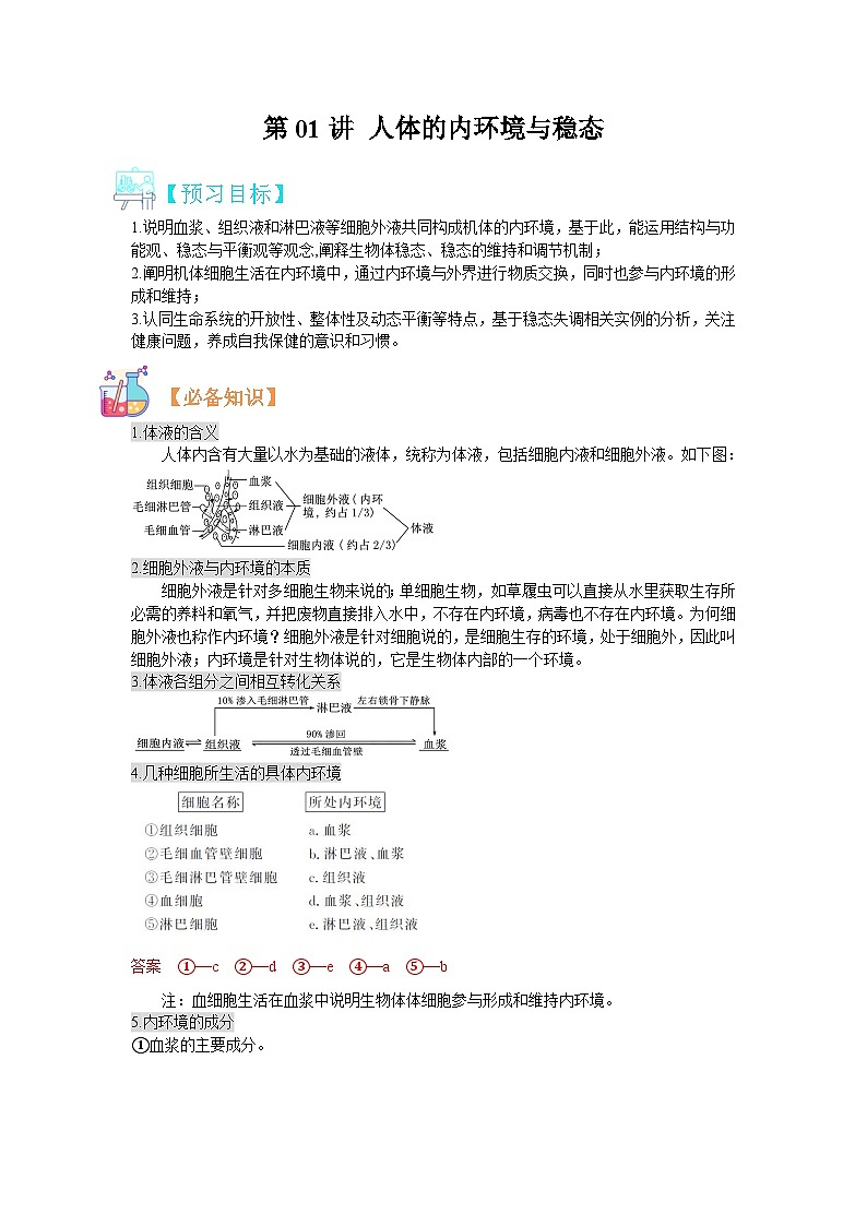 【暑假预习】人教版2019生物高一（升高二）暑假预习-（选修1）第1讲 人体的内环境与稳态 讲学案（解析版） 第1页