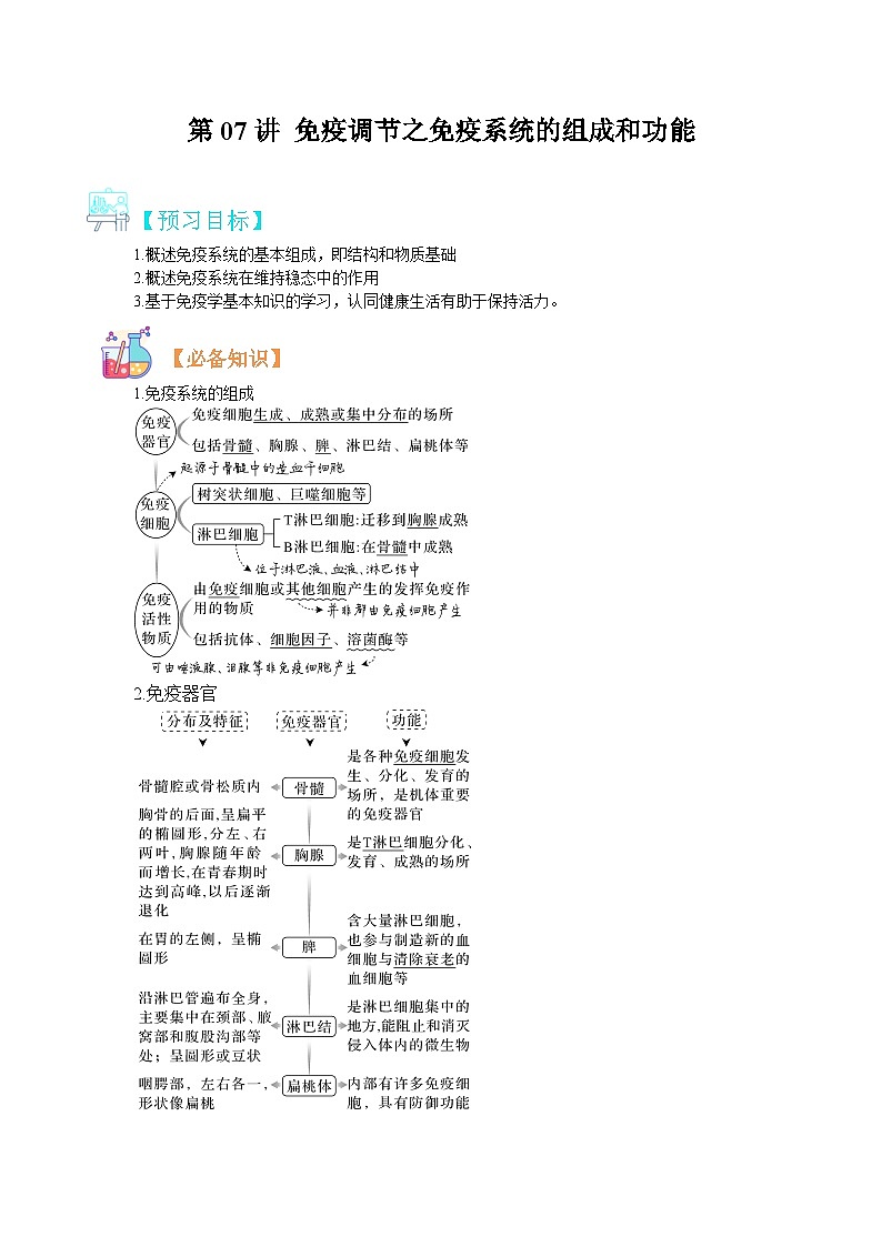 【暑假预习】人教版2019生物高一（升高二）暑假预习-（选修1）第7讲  免疫调节之免疫系统组成和功能 讲学案01