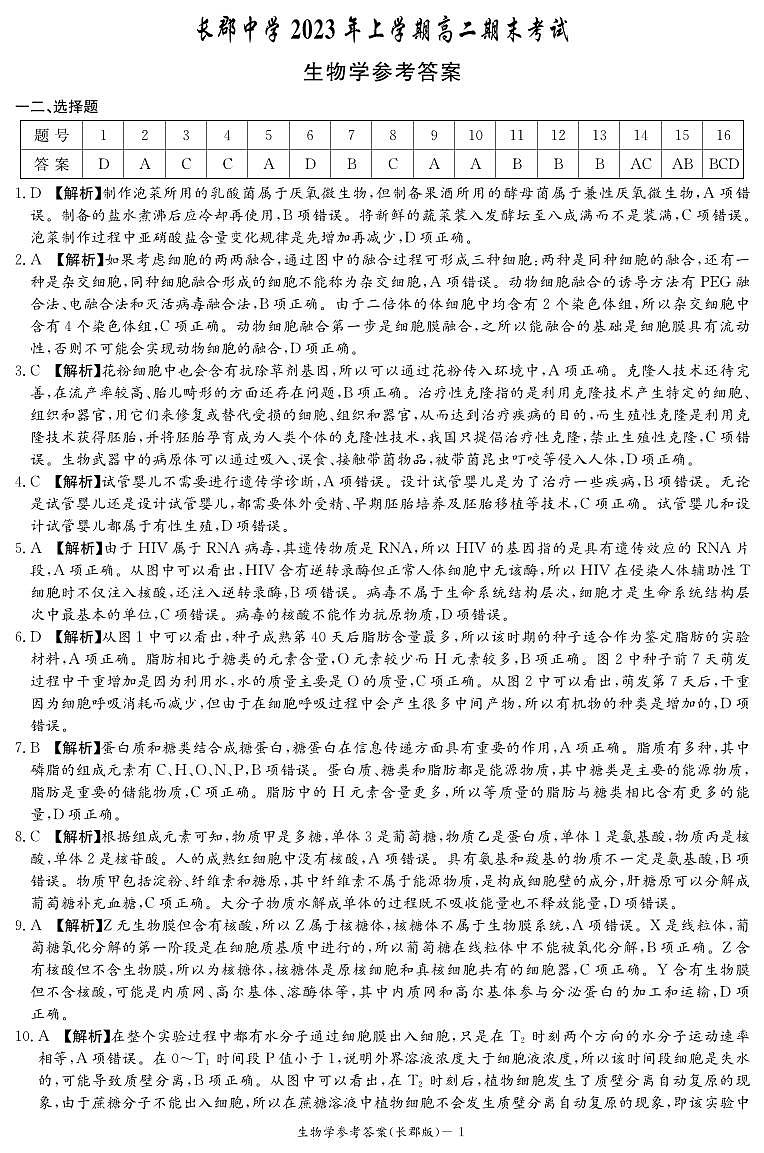 湖南省长沙市长郡中学2022-2023学年高二下学期期末考试生物试卷01