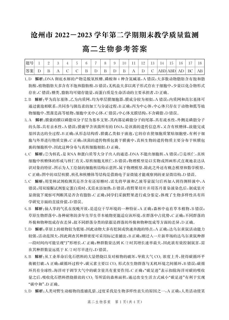 河北省沧州市2022-2023学年高二下学期期末教学质量监测+生物试题及答案01