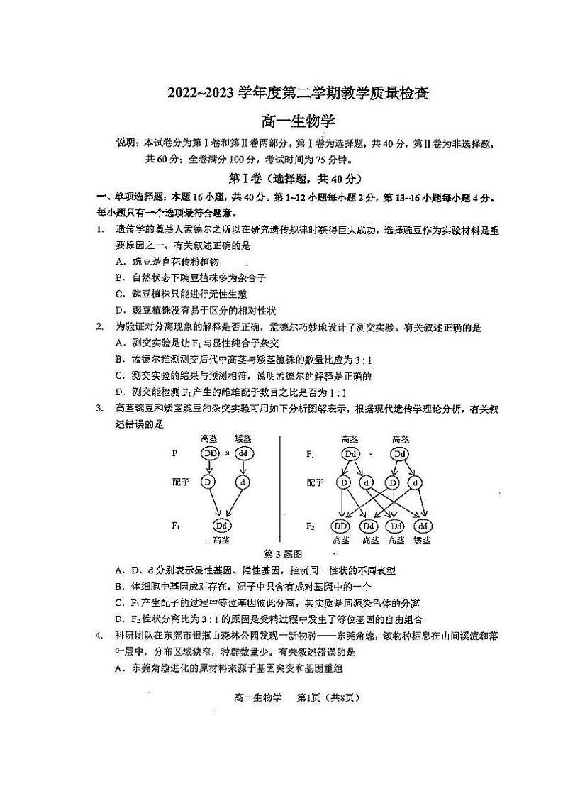 广东省东莞市2022-2023学年高一下学期7月期末生物试题第1页