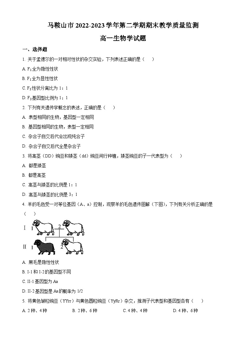2023马鞍山高一下学期期末考试生物试题含解析01