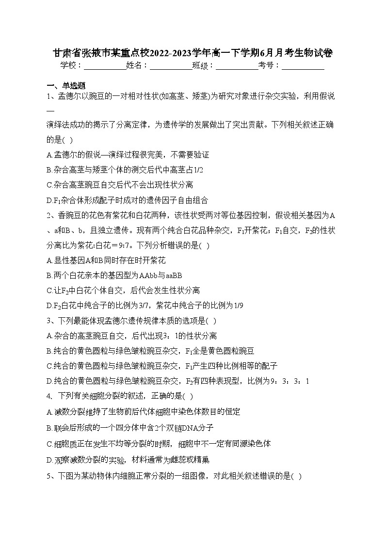 甘肃省张掖市某重点校2022-2023学年高一下学期6月月考生物试卷（含答案）01