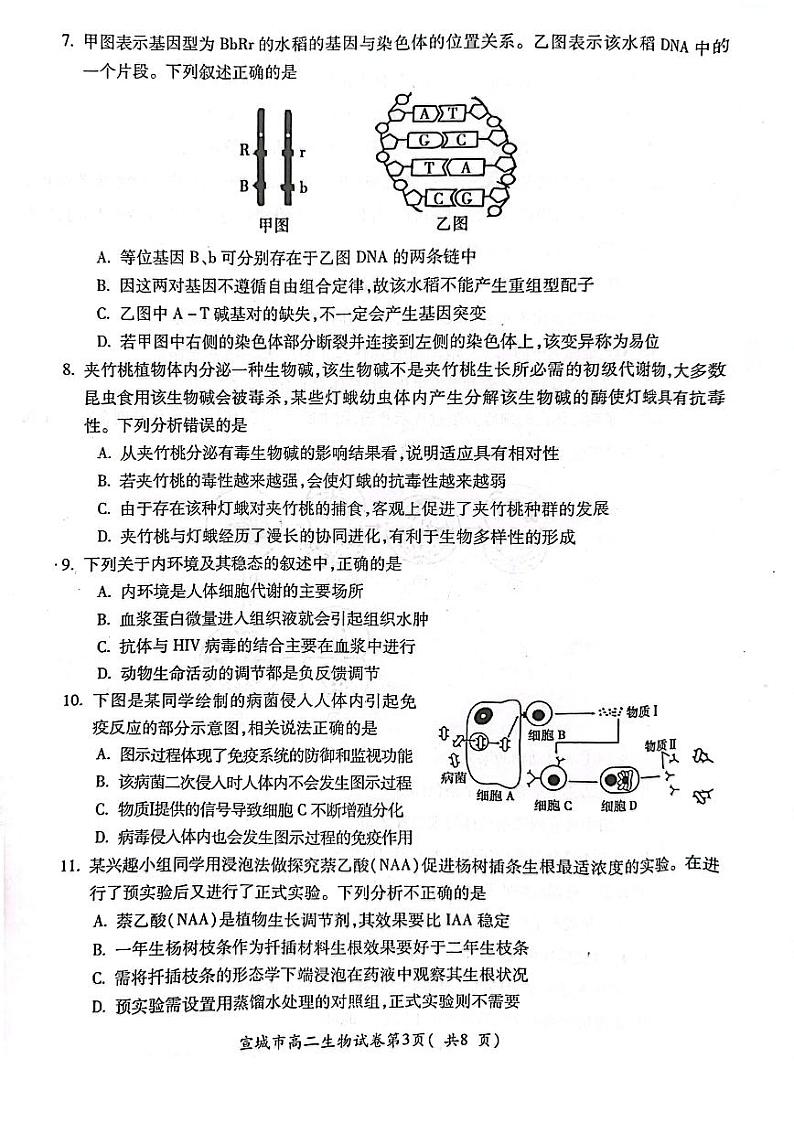 安徽省宣城市2022-2023高二下学期期末生物试卷+答案03