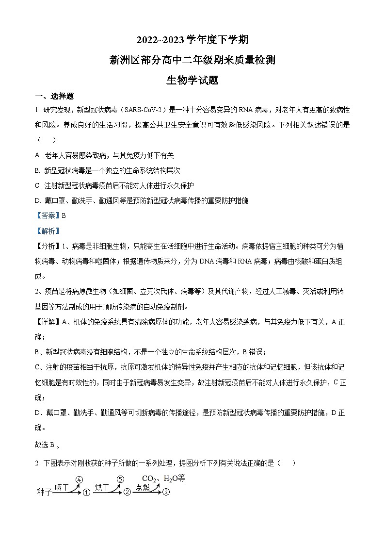 2023武汉新洲区部分学校高二下学期期末生物试题含解析01