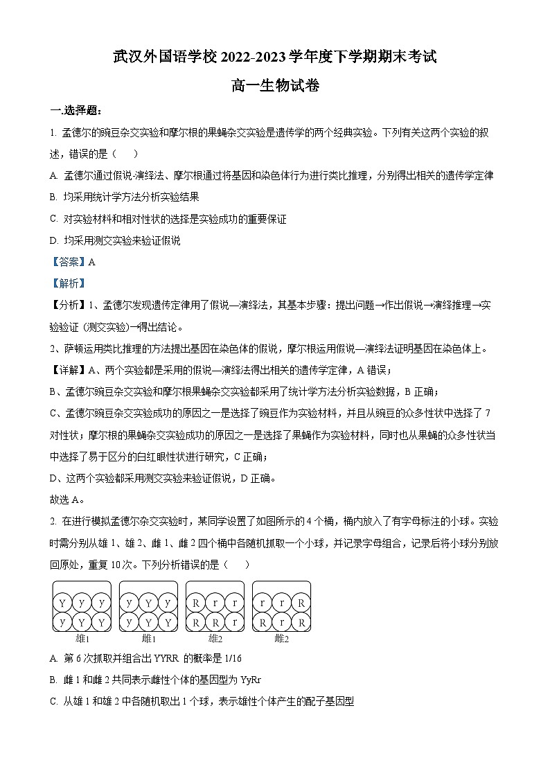 湖北省武汉外国语学校2022-2023学年高一下学期期末生物试题含解析第1页