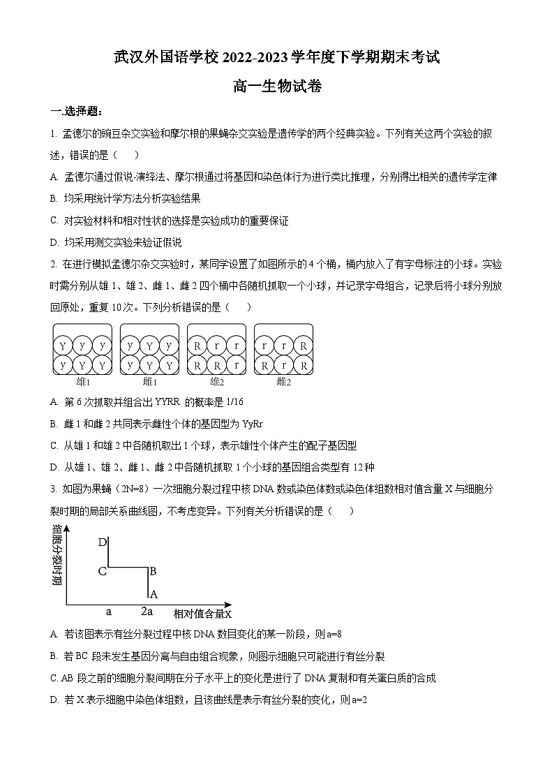 湖北省武汉外国语学校2022-2023学年高一下学期期末生物试题无答案第1页