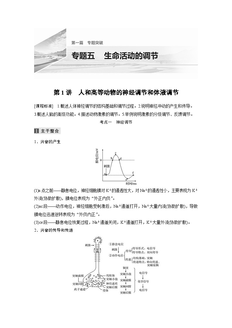 (新高考)高考生物二轮复习第1部分 专题突破 专题5 第1讲 人和高等动物的神经调节和体液调节(含解析)01