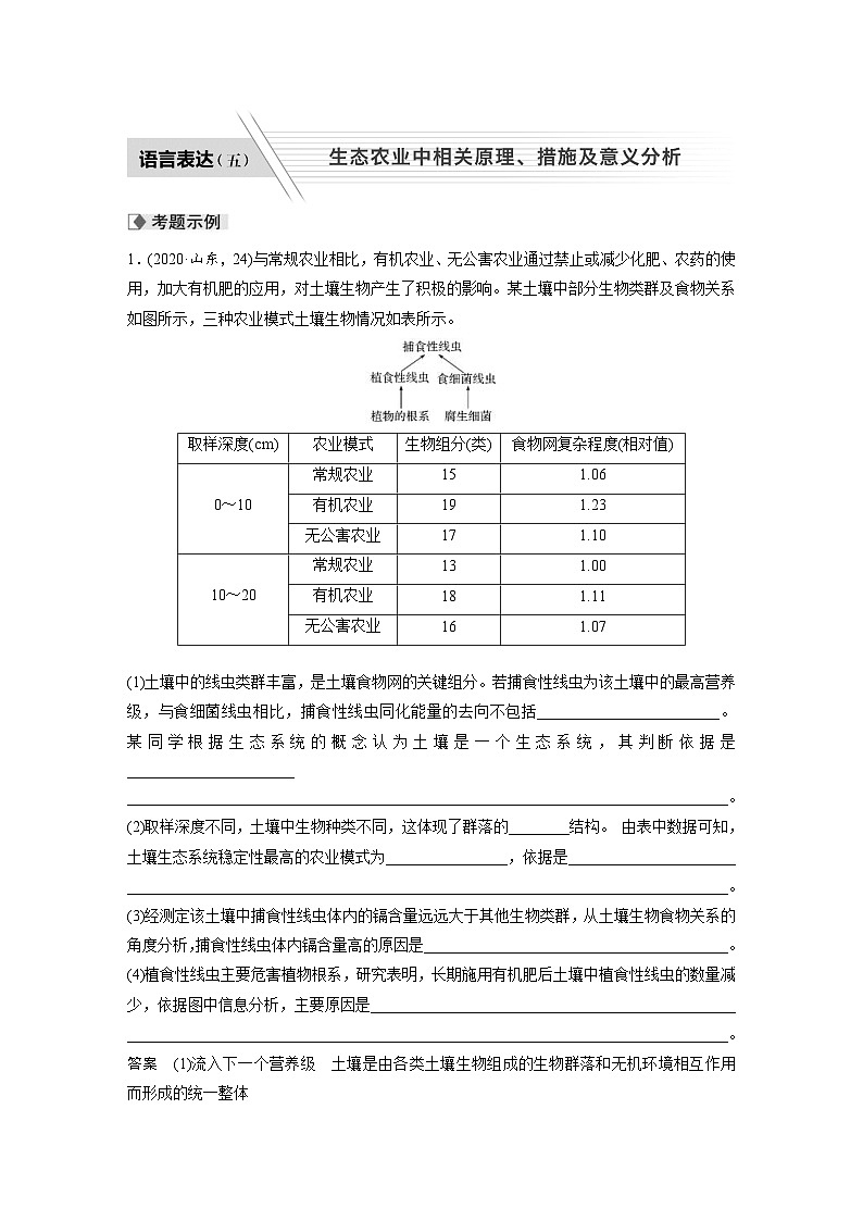 (新高考)高考生物二轮复习第1部分 专题突破 专题6 语言表达(五) 生态农业中相关原理、措施及意义分析(含解析)01