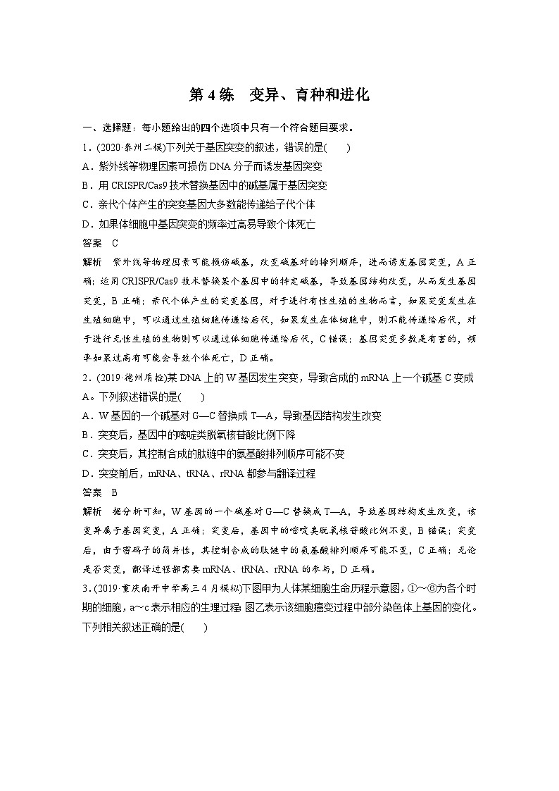 (新高考)高考生物二轮复习第3部分 题型增分练 选择题专练 第4练　变异、育种和进化(含解析)第1页