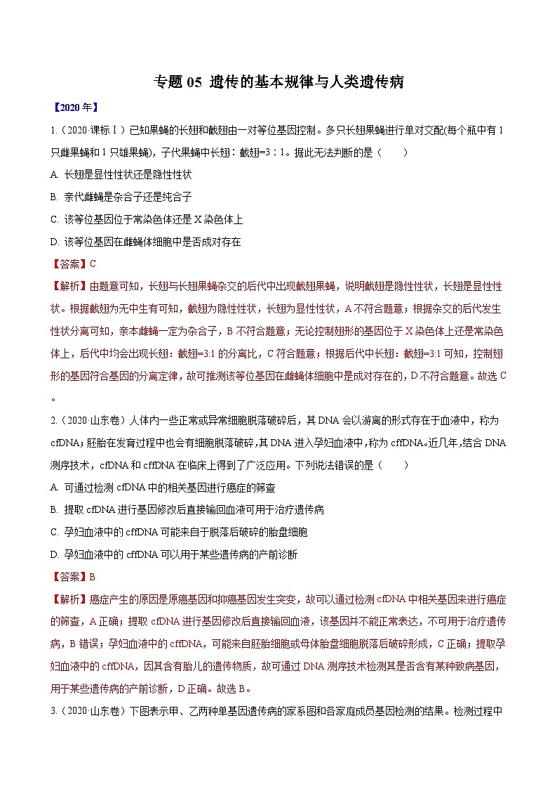 专题05 遗传的基本规律与遗传病-十年（2011-2020）高考真题生物分项详解（含解析）01