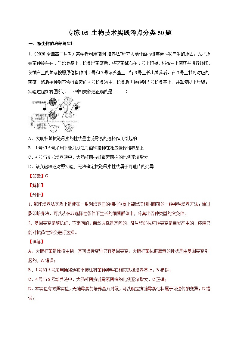 高考生物三轮冲刺高分突破练习专练05 生物技术实践考点分类50题（含解析）01