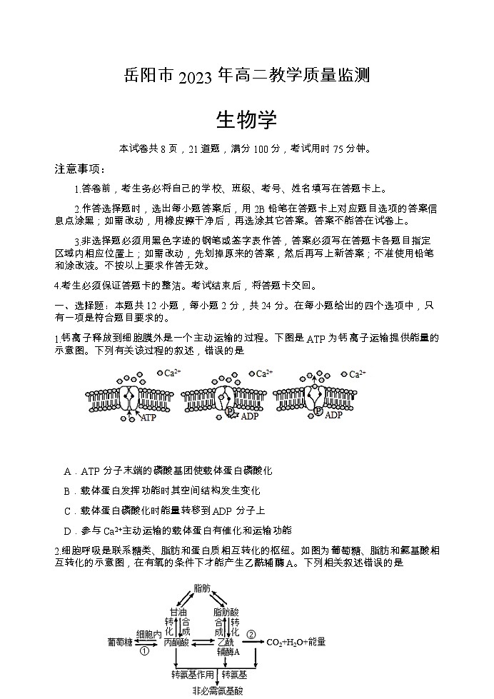 湖南省岳阳市2022-2023学年高二生物下学期期末试题（Word版附答案）01