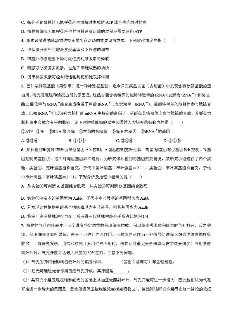2023年高考真题——理综生物（全国乙卷）无答案02