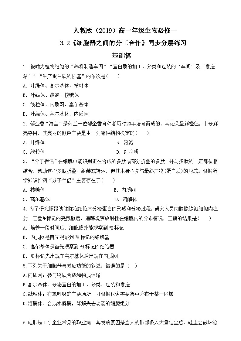 人教版2019必修一高中生物学3.2《细胞器之间的分工合作》课件+同步分层练习01