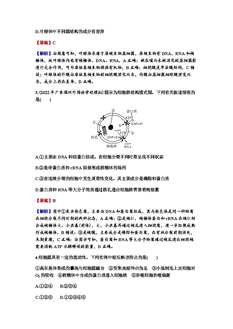 2024届高考生物一轮复习第二单元细胞的基本结构细胞的物质输入和输出第1讲细胞膜的结构和功能细胞核的结构和功能练习含答案02