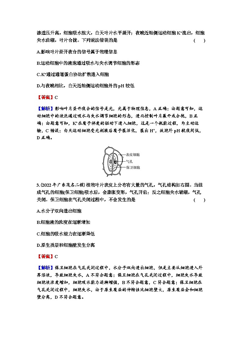 2024届高考生物一轮复习第二单元细胞的基本结构细胞的物质输入和输出第3讲细胞的物质输入和输出练习含答案第2页