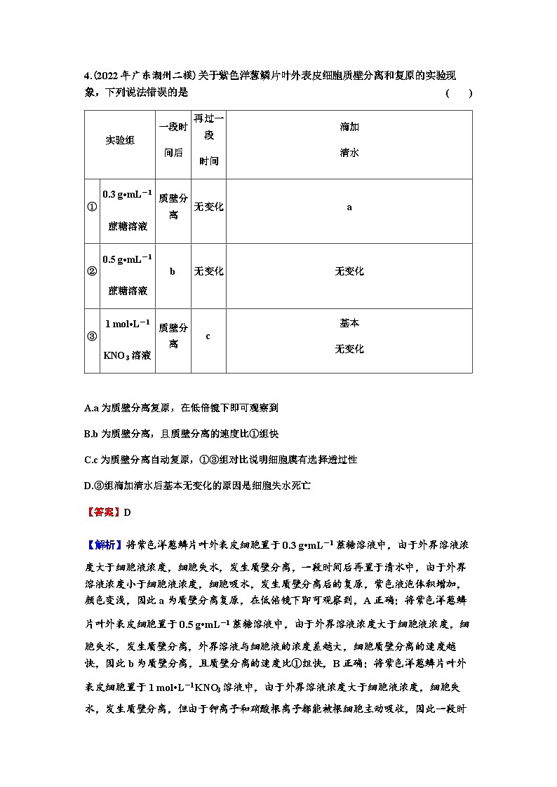 2024届高考生物一轮复习第二单元细胞的基本结构细胞的物质输入和输出第3讲细胞的物质输入和输出练习含答案第3页