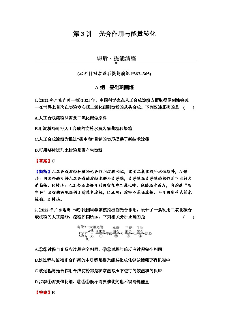 2024届高考生物一轮复习第三单元细胞的能量供应和作用第3讲光合作用与能量转化练习含答案01