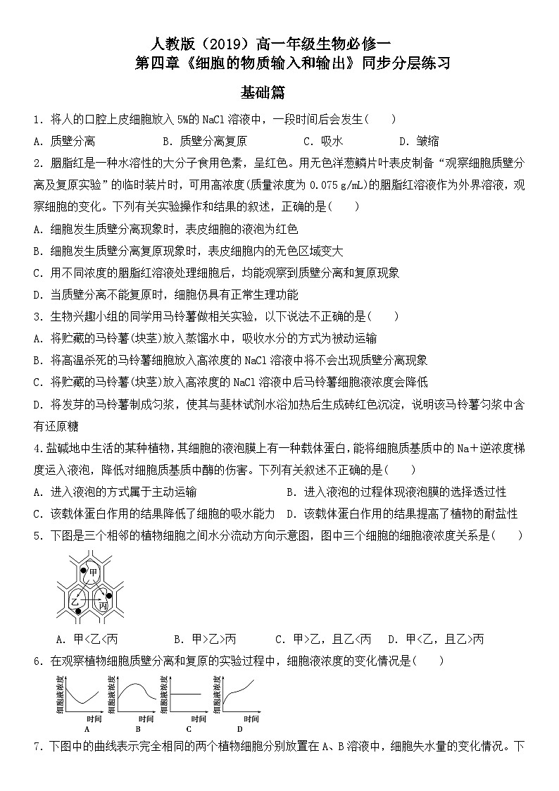 人教版2019必修一高中生物学4《细胞的物质输入和输出》课件+同步分层练习01