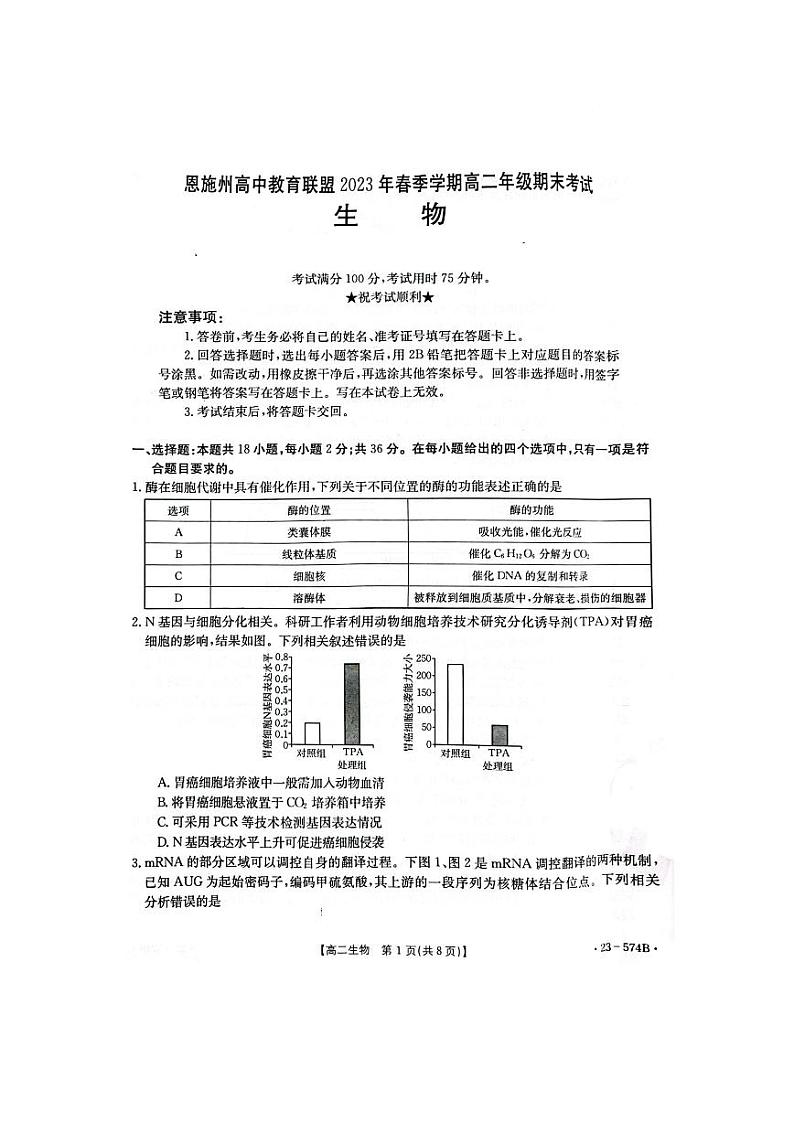湖北省恩施州2022-2023高二下学期期末生物试卷+答案01