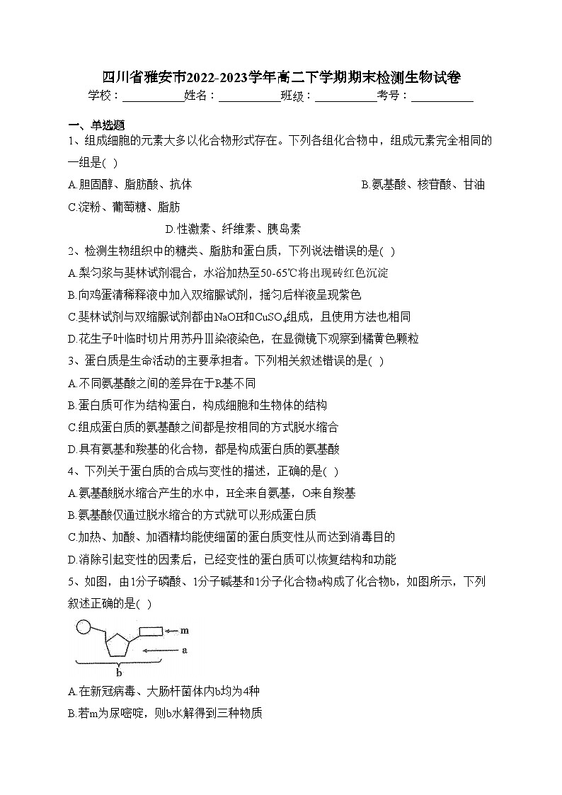 四川省雅安市2022-2023学年高二下学期期末检测生物试卷（含答案）01