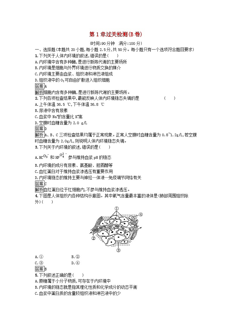 新教材2023年高中生物第1章人体的内环境与稳态过关检测B卷新人教版选择性必修101