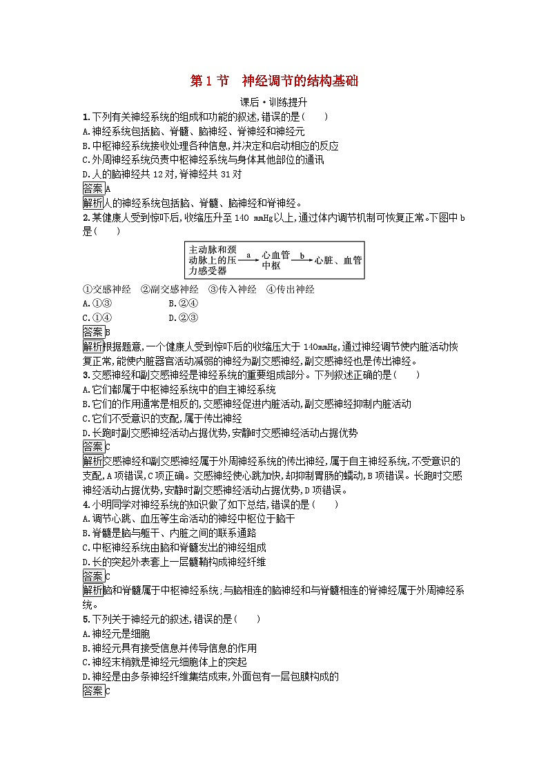 新教材2023年高中生物第2章神经调节第1节神经调节的结构基次后训练新人教版选择性必修101